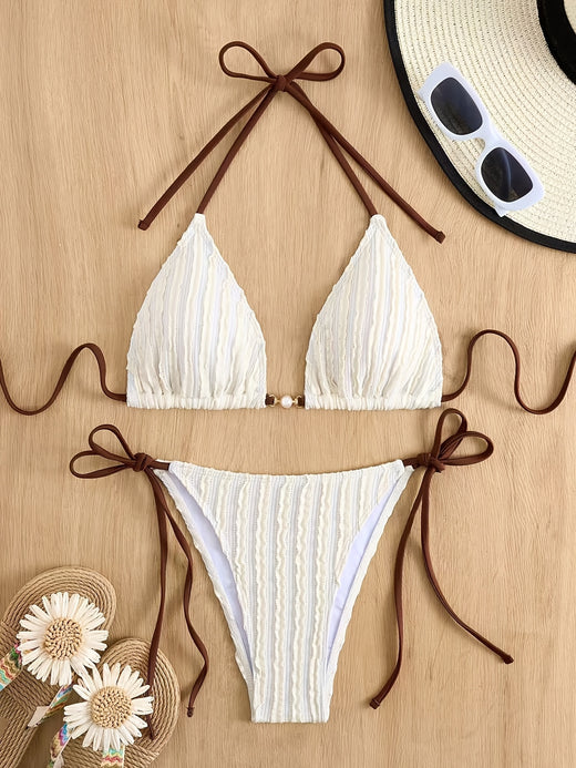 Maillot de bain 2 pièces triangle texturé à nouer perle, coloris Blanc