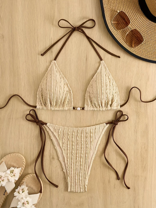 Maillot de bain 2 pièces triangle texturé à nouer perle, coloris Beige