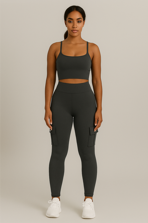 Leggings push up cargo femme taille haute avec poches, coloris Gris