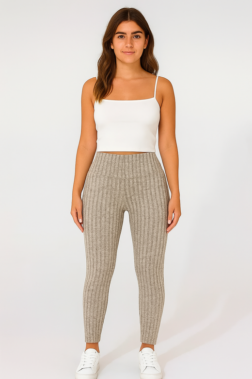 Legging polaire côtelé femme taille haute – confort thermique et style cosy, coloris Beige