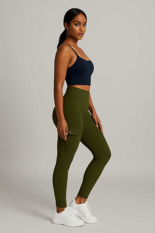 Leggings push up cargo femme taille haute avec poches, coloris Vert