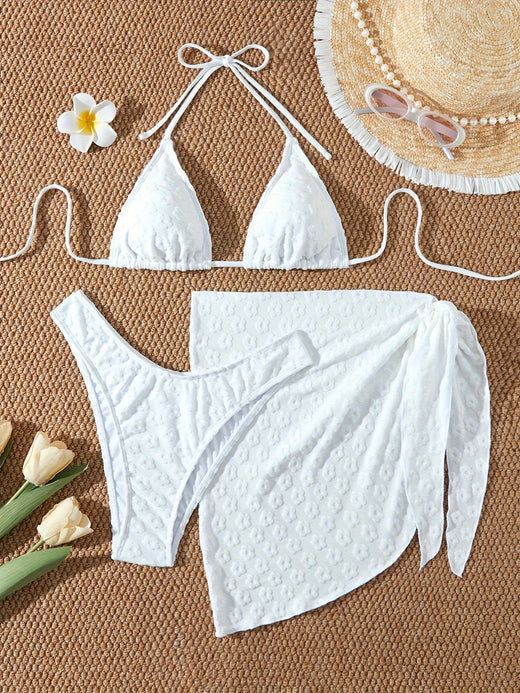Maillot de bain 2 pièces triangle avec paréo fleuri, coloris Blanc