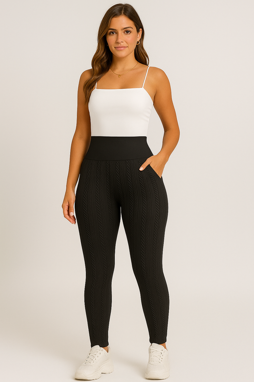 Legging polaire femme taille haute en maille torsadée, coloris Noir