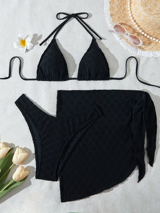 Maillot de bain 2 pièces triangle avec paréo fleuri, coloris Noir