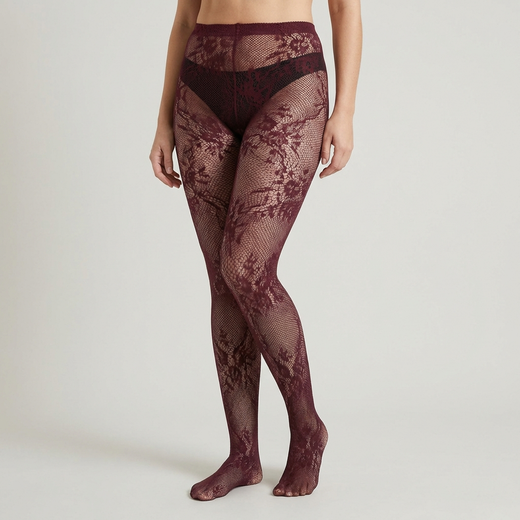 Collant Voile Fantaisie Effet Dentelle (Taille Unique), coloris Bordeaux