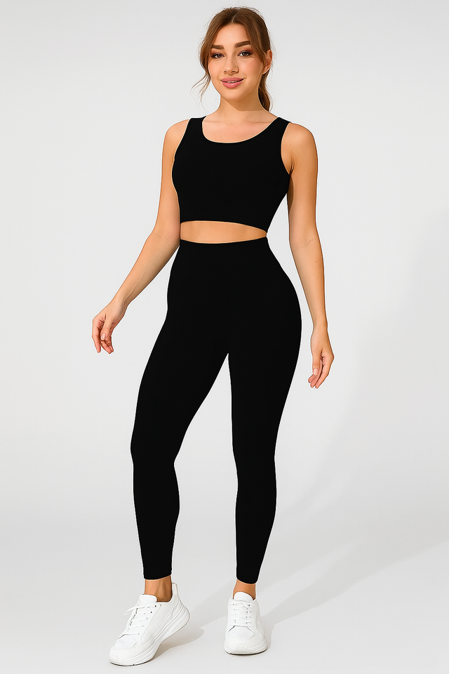 Ensemble legging push up femme avec brassière sans manches, coloris Noir