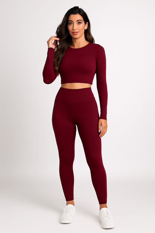 Ensemble de sport femme - 2 pièces manches longues, coloris Bourgogne