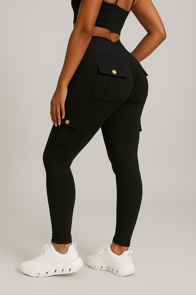 Leggings push up cargo femme taille haute avec poches, coloris Noir